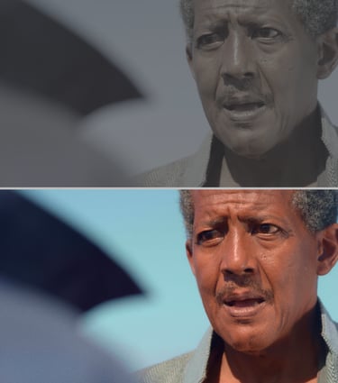 Side-by-side comparison of a senior man showing professional cinematic color grading before and after effects.