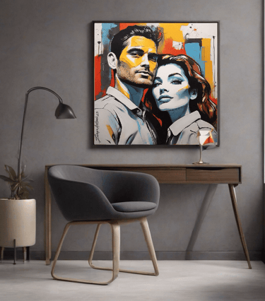 Sala aconchegante com pinturas de casais, trazendo calor e amor à decoração.