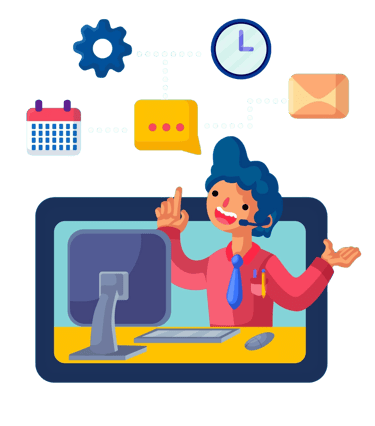  A person working at a computer, receiving support from a virtual assistant or customer service