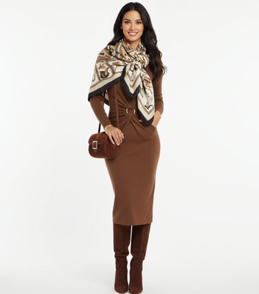 a woman in a brown midi dress, scarf and boots