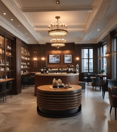 A sleek Black Gold Coffee express outlet with customers ordering coffee quickly.