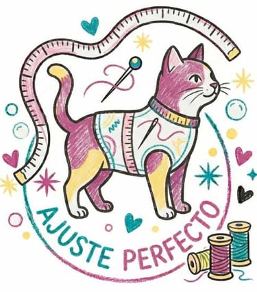 Ilustración de gato rosa con chaleco con cinta métrica, cosas de costura y texto  ajustado.