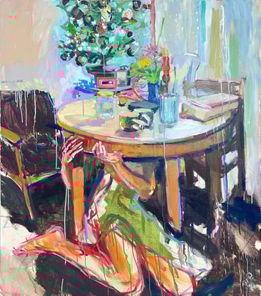 a painting of a table with a vase of flowers