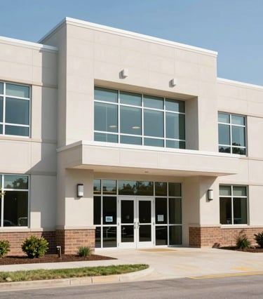 Clean modern architectural exterior of a professional skilled nursing care facility in Kansas, bright daylight, structured framing.