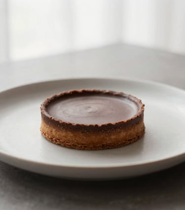 Minimalist plated dessert, plant-based chocolate tart, elegant editorial photography, soft natural window light, muted earth tones, minimalist composition, macro lens, shallow depth of field