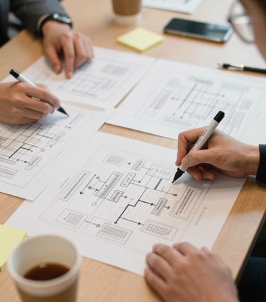 Close-up overhead shot of a planning session on a large conference table, printed process flow diagrams spread across the surface, two pairs of hands annotating with markers under warm office fluorescent light, coffee cups and sticky notes visible at the edges