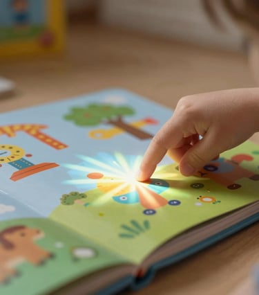 A child's hand touching a colorful interactive book that blends physical paper with light projections.