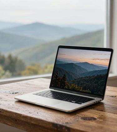 A bright and airy photograph of a sleek laptop on a rustic wooden desk, with a soft-focus view of rolling Appalachian hills through a clean window, North American / US.