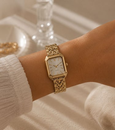 Luxury looking gold watch on wrist.