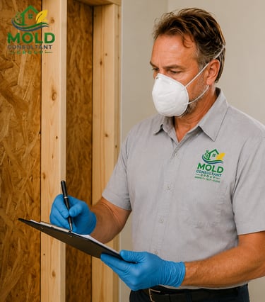 Professional mold inspector wearing an N95 mask and blue gloves taking notes during a home inspection.