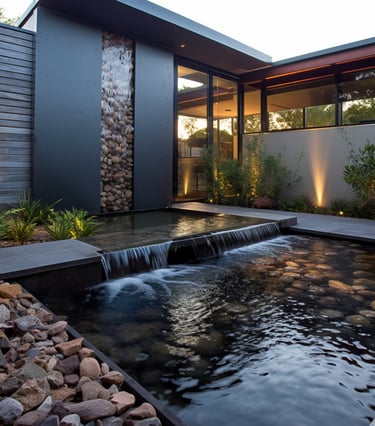 Decorative water feature with river rock entry, wet wall, negative edge & bio filtration –Carmel, CA