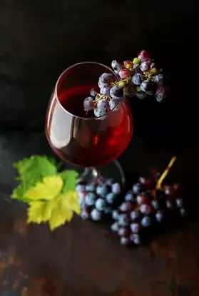 Glass of red wine with fresh dark grapes on moody dark background still life