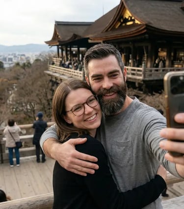 Happy couple taking selfie at Kiyomizudera temple during private Kyoto sightseeing tour