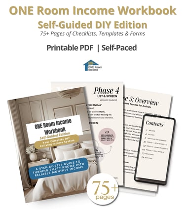 ONE Room Income Workbook Self-Guided DIY Edition showing printable PDF pages, checklists, and templa
