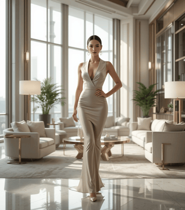 Mulher elegante e confiante ambiente moderno e sofisticado, traje contemporâneo