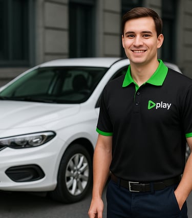 a man in a polo shirt standing in front of a car
