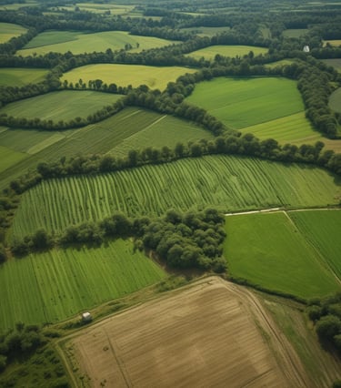Aerial view of a lush agricultural landscape with fields and patches of forest.
