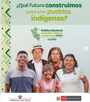 Poster for Peru's National Policy for Indigenous Peoples featuring diverse smiling indigenous people.