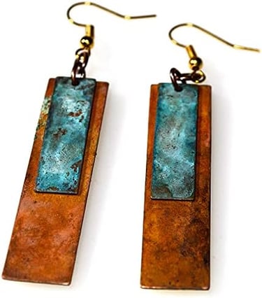 Raw Material Earth Patina Bohemian Chic Rectangle Earrings by  Elaine Coyne