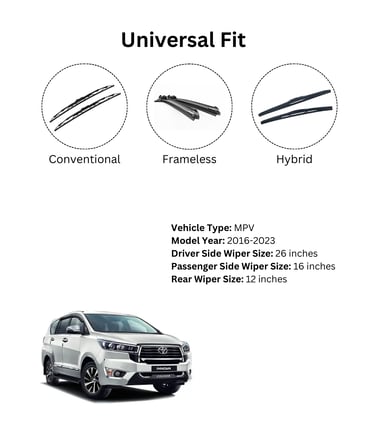 Wiper sizes for Toyota Innova Crysta – 26, 16, and 12 inch