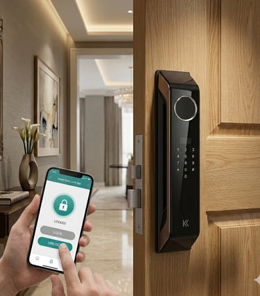 A person using a mobile app to control a modern smart door lock with a keypad and fingerprint sensor.