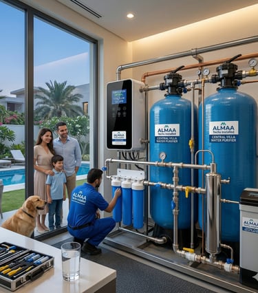 A technician installs a whole house central villa water purifier system for a family at home.