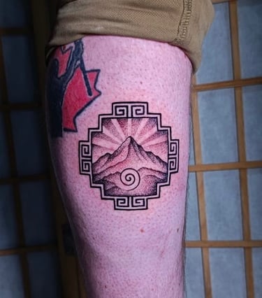 Peruvian Andean cross Tattoo in the leg. Custom piece by Katarsis Tattoo Perú