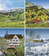 a painting of a farm scene with a farm and a barn