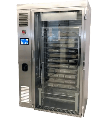 Industrial stainless steel thawing cabinet with glass door and digital control panel.