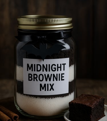 Mason jar of Midnight Brownie Mix with black cocoa and sugar layers, decorated with bat ribbon
