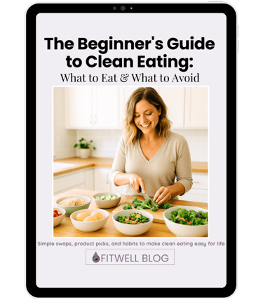 Tablet mockup of free Beginner’s Clean Eating Guide PDF.