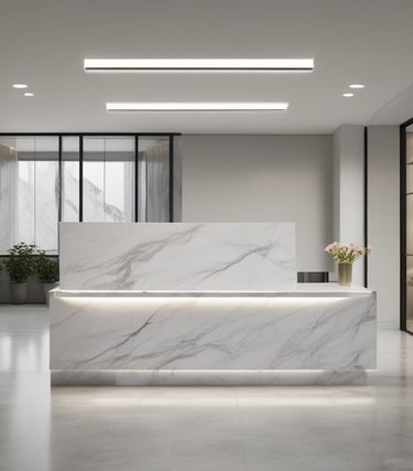 Close-up of an administrative welcome desk with scanner and photocopier in a cozy setting.