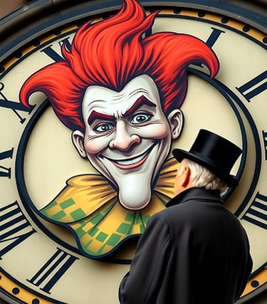 An older man gazes at an image of a large clock face wherein sets a grotesque jester type face.