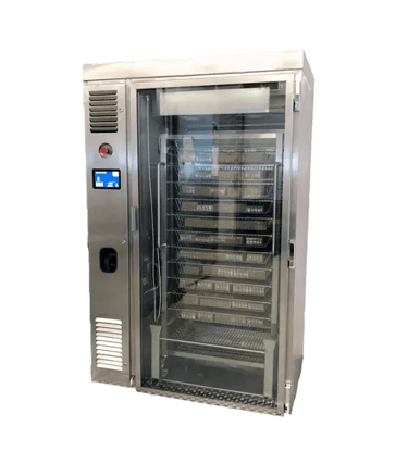 Industrial stainless steel thawing cabinet with glass door and digital control panel.