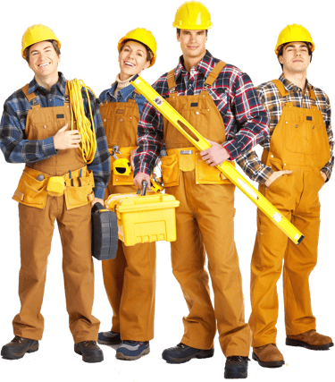 a group of men in overalls and hard hats