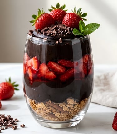 Dark chocolate avocado mousse parfait layered with fresh strawberries and granola in a glass.