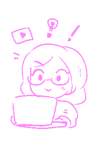 Digital illustration of Annielou Bandong working on a laptop with creative icons related to art production floating around.