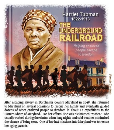 Cachet illustration of Harriet Tubman and the Underground Railroad