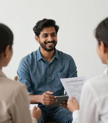 A diverse group of job seekers engaged in a hands-on training session inside a bright, modern classroom.