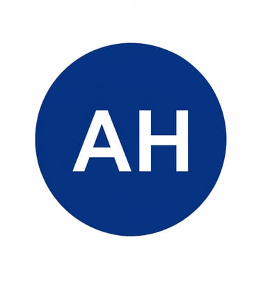A minimalist blue circular logo featuring the white sans-serif initials AH on a plain white background.