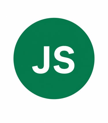 White JS text logo for JavaScript programming inside a green circle icon on a white background.