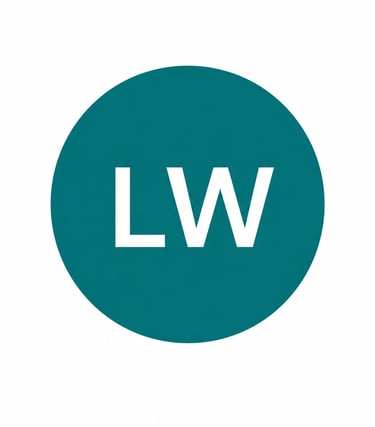 Minimalist teal circle logo featuring the white capital letters LW in a bold sans-serif font.
