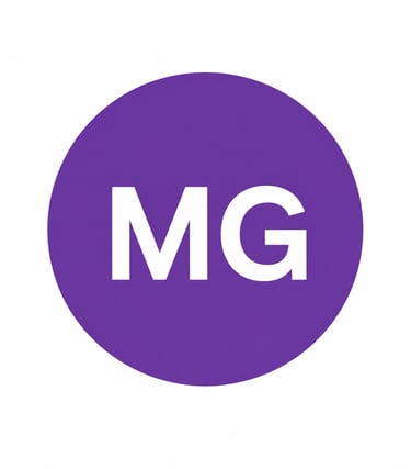 A minimalist logo with bold white MG letters centered inside a solid purple circle against a white background.
