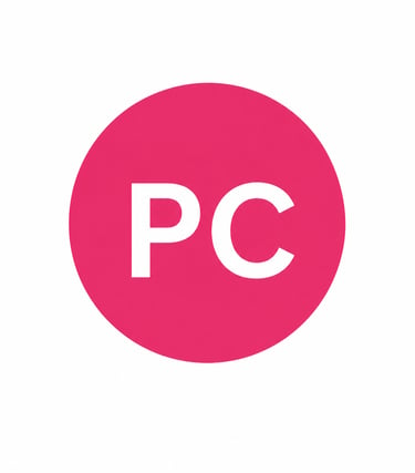 A pink circular logo featuring the bold white letters PC on a clean white background.