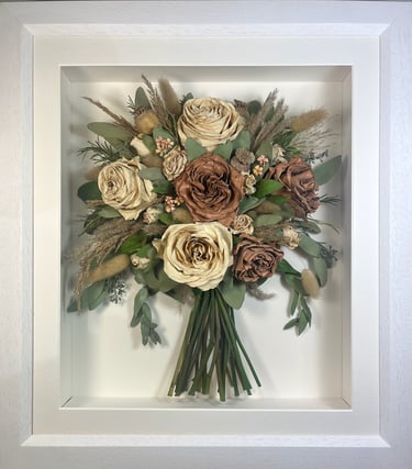 a side view preserved wedding bouquet with toffee roses