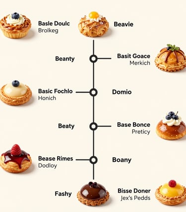 A warm, inviting bakery kitchen with a timeline of photos showing the evolution of the bakery from its early days to now.