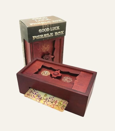 Handcrafted wooden Good Luck Puzzle Box for hidden money or gift cards with sliding mechanism.