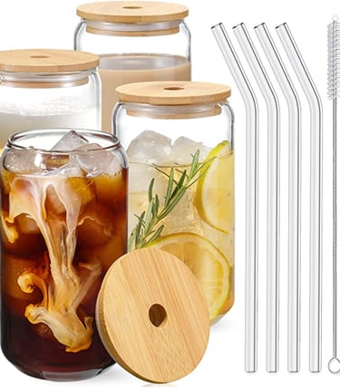 Drinking Glasses with Bamboo Lids and Glass Straw 4pcs Set 16oz Tumbler Cup w/ 2 Cleaning Brushes