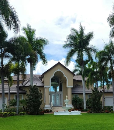 Luxury Florida mansion featuring palm tree landscaping, a green lawn, and a white tiered water fountain.