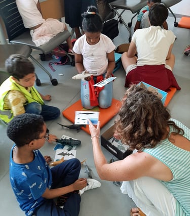 des enfants du CLAS regardant des cartes de requins